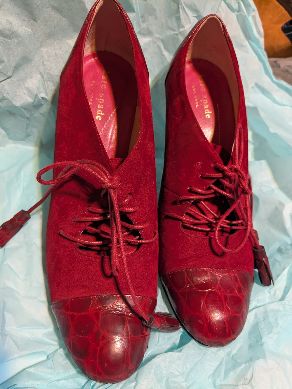 Kate Spade Dark Red Suede Faux Croc Lace-Up Heels 7B Spectator